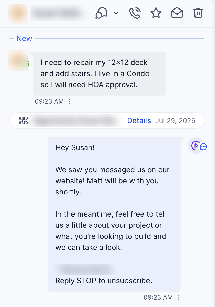 Website lead answered automatically in the same minute